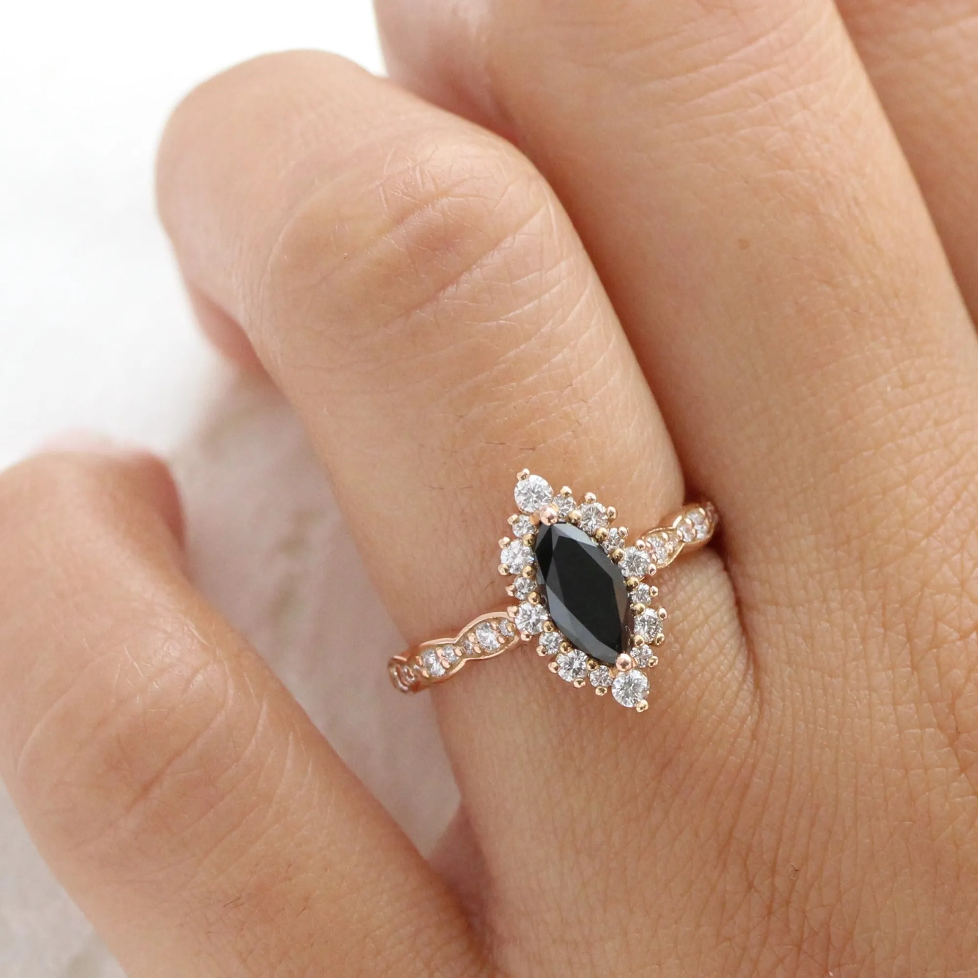 Marquise Black Diamond Ring in Tiara Halo Scalloped Band