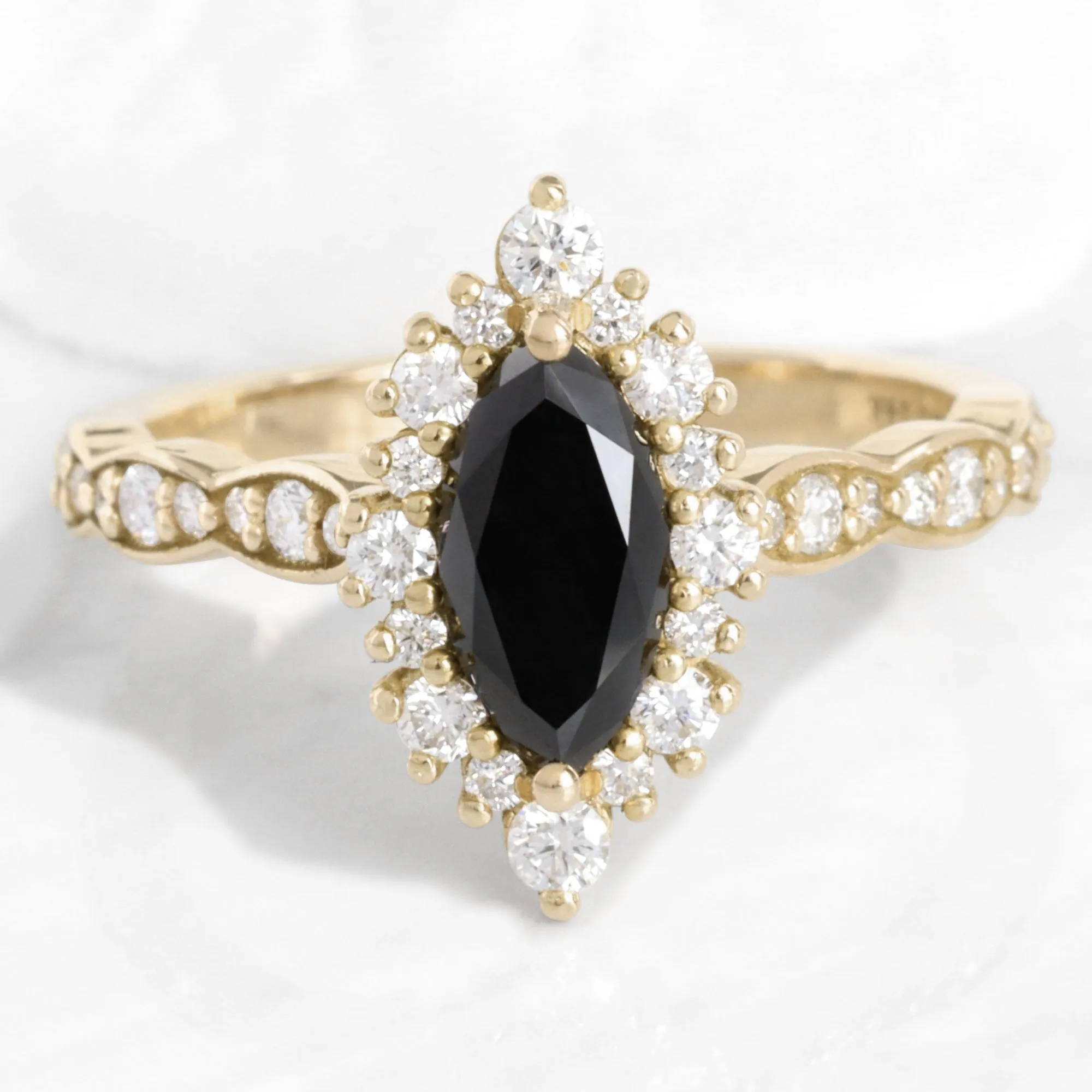Marquise Black Diamond Ring in Tiara Halo Scalloped Band
