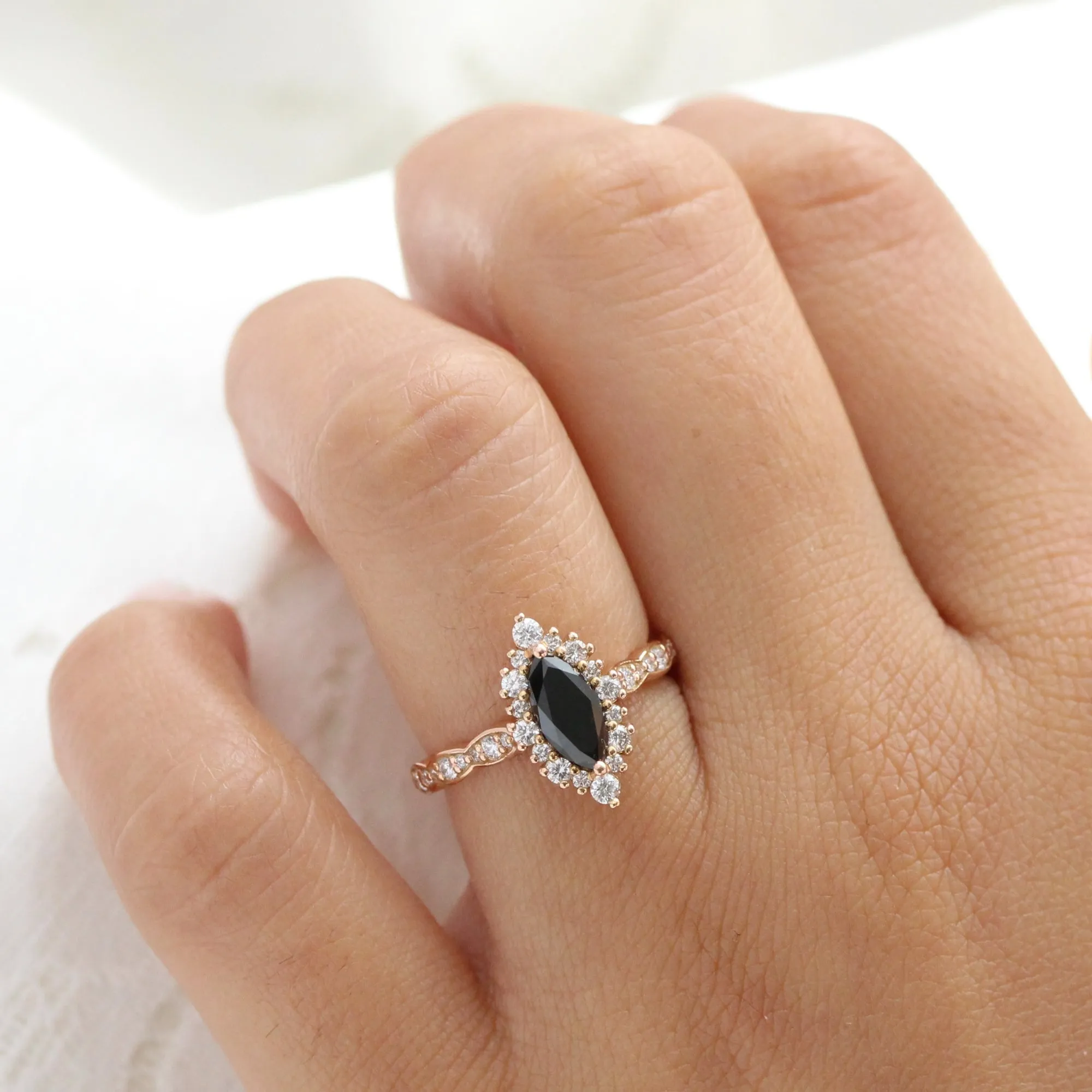 Marquise Black Diamond Ring in Tiara Halo Scalloped Band