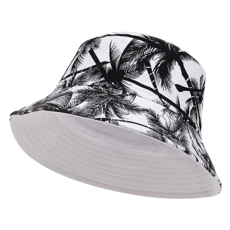 Men Women coconut tree Bucket Hat Cotton Printing Hip Hop Fisherman Panama Sun Hat Outdoor Street Casual Visor Bucket Cap