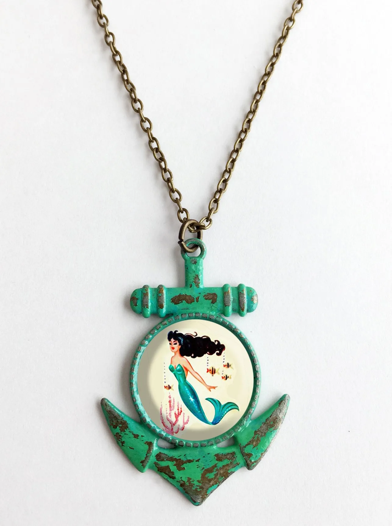 Mermaid Cabochon & Anchor Pendant Necklace