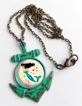 Mermaid Cabochon & Anchor Pendant Necklace
