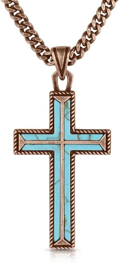 Montana Silversmiths Eternal Life Christan Faith Turquoise Rope Border Cross Pendant 25" Necklace