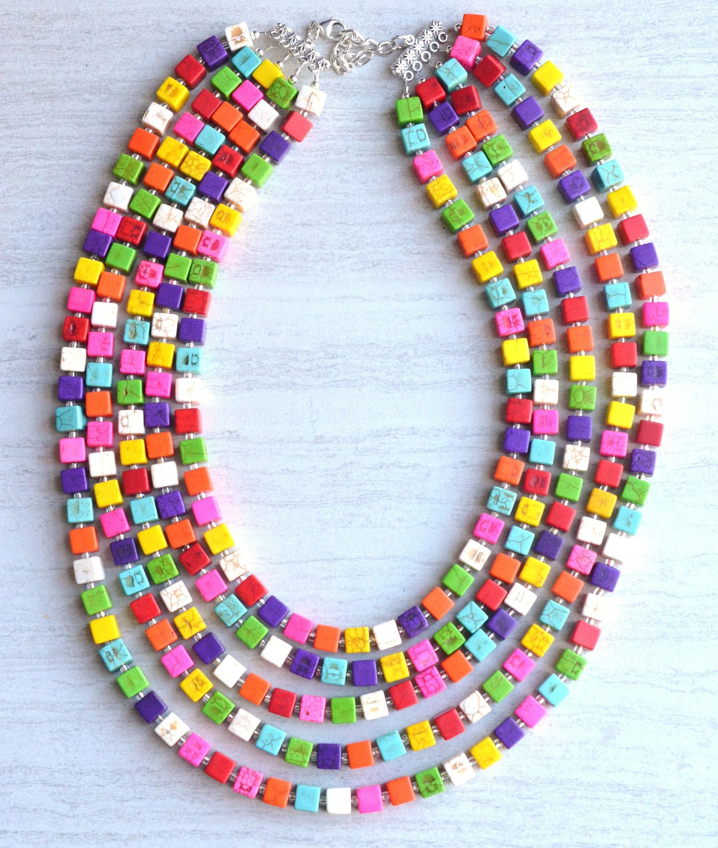 Multi Color Howlite Beaded Chunky Colorful Statement Necklace - Cubist