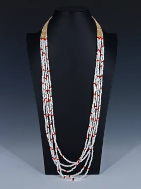 Native American Five Strand Mother of Pearl and Apple Coral Necklace