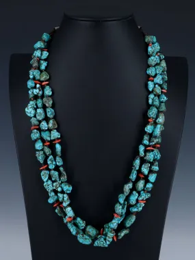 Native American Turquoise and Coral Beaded Three Strand Necklace