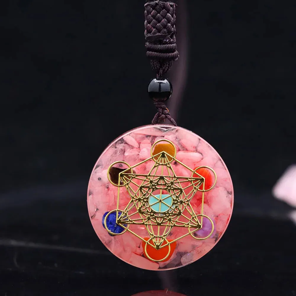 Natural Garnet 7 Chakra Healing Pendant - Metatron Cube Amulet