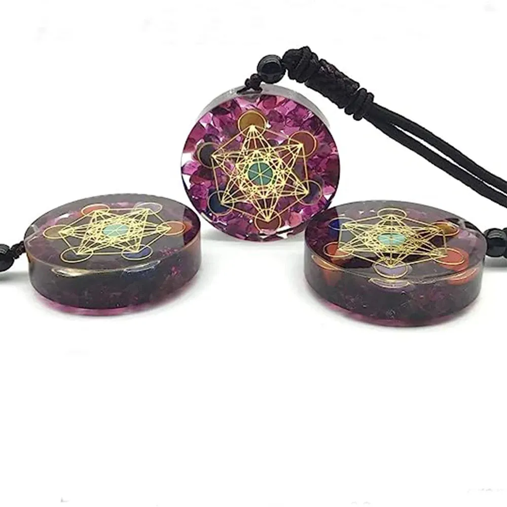 Natural Garnet 7 Chakra Healing Pendant - Metatron Cube Amulet