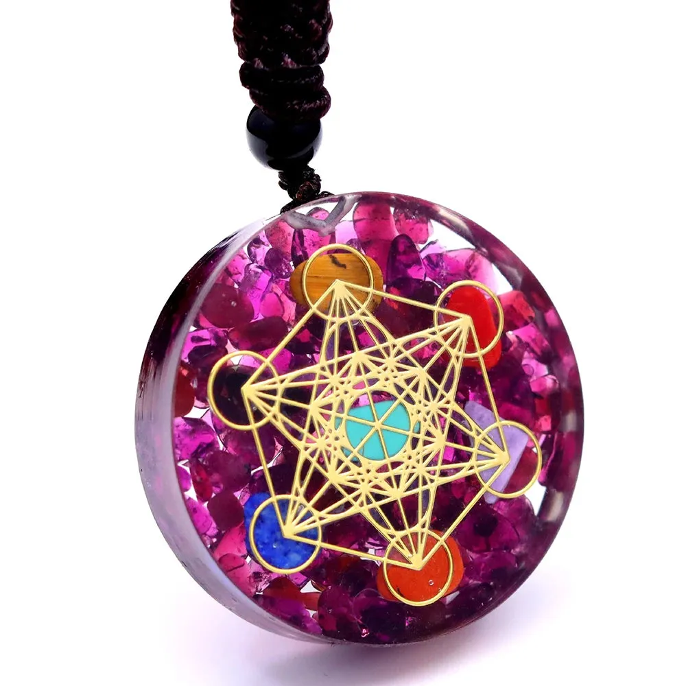 Natural Garnet 7 Chakra Healing Pendant - Metatron Cube Amulet