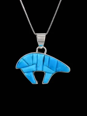 Navajo Cobblestone Inlay Turquoise Sterling Silver Reversible Bear Pendant