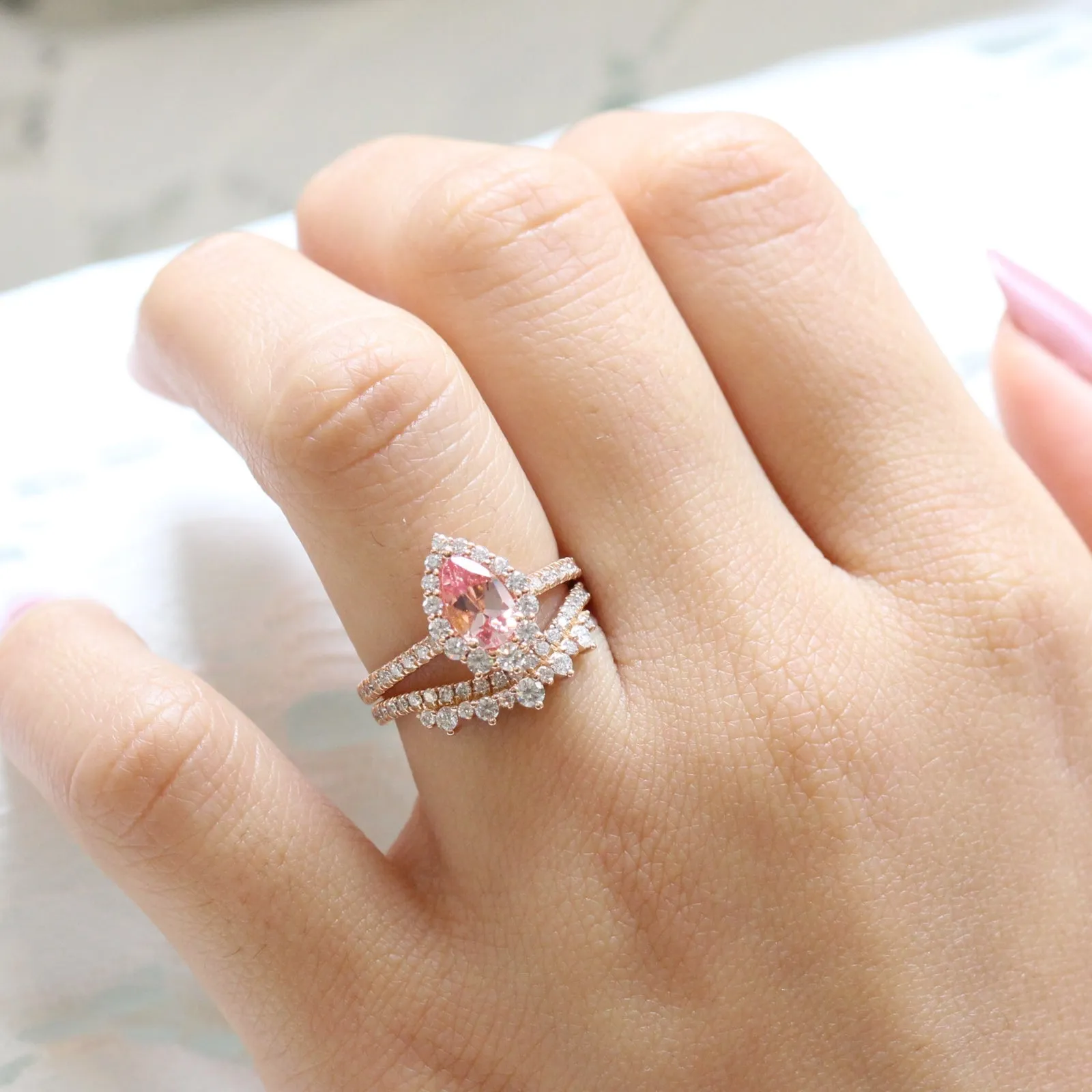 Pear Champagne Peach Sapphire Ring in Tiara Halo Diamond Pave Band