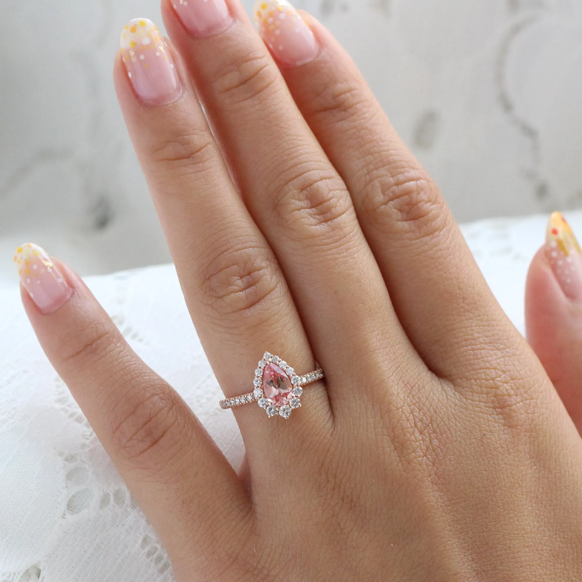 Pear Champagne Peach Sapphire Ring in Tiara Halo Diamond Pave Band