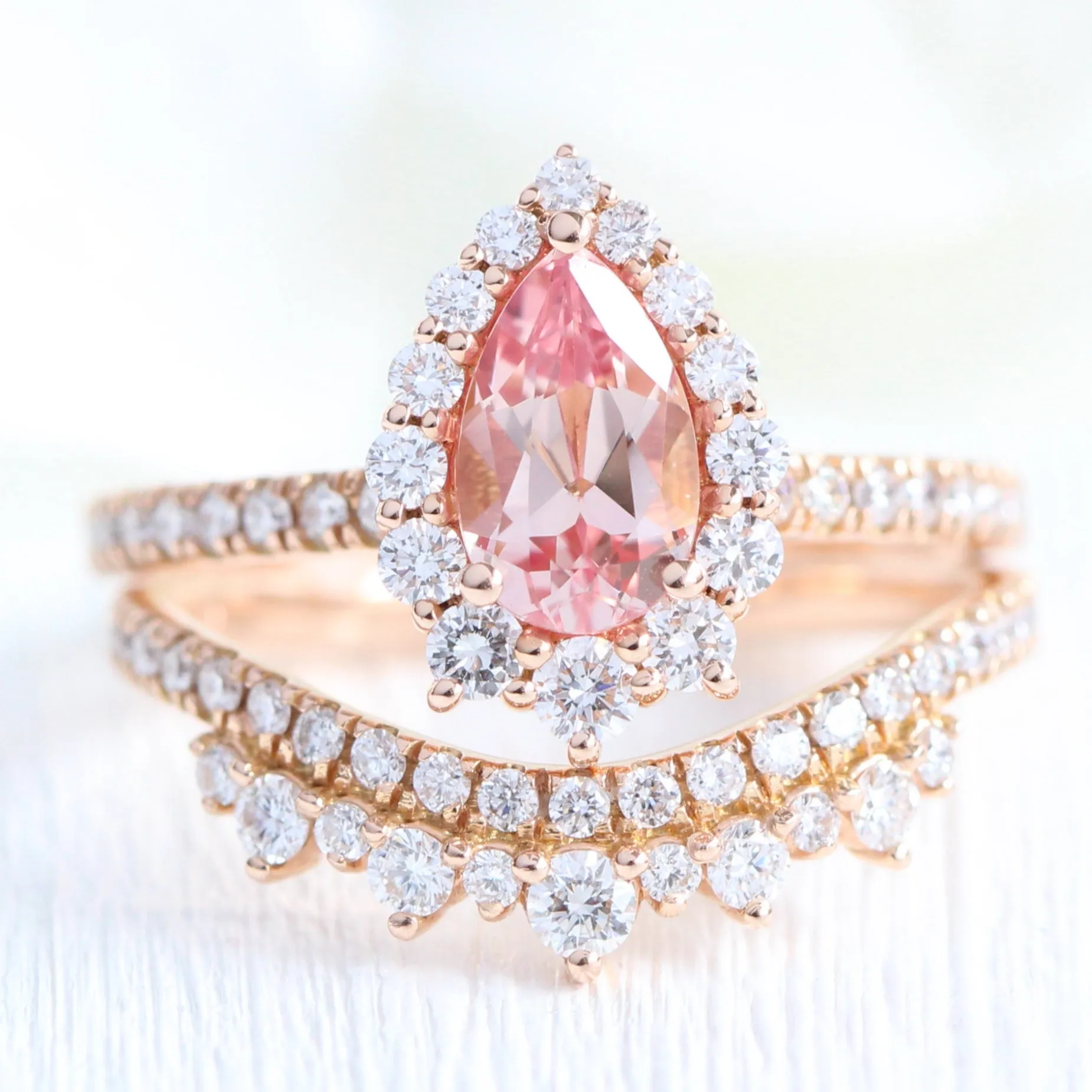 Pear Champagne Peach Sapphire Ring in Tiara Halo Diamond Pave Band