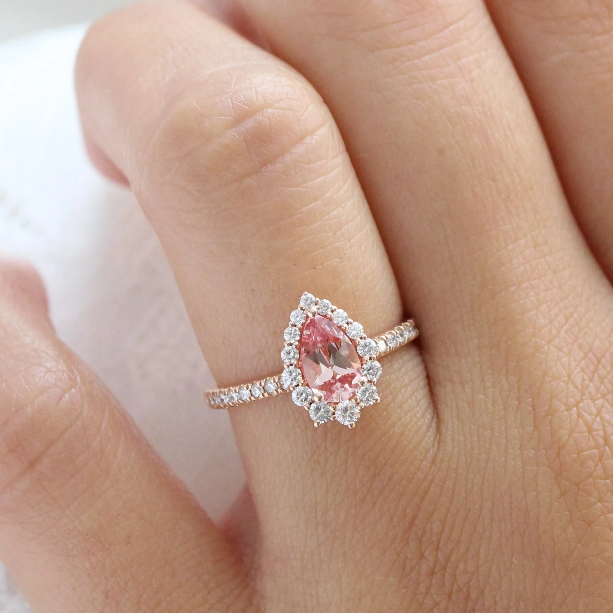 Pear Champagne Peach Sapphire Ring in Tiara Halo Diamond Pave Band