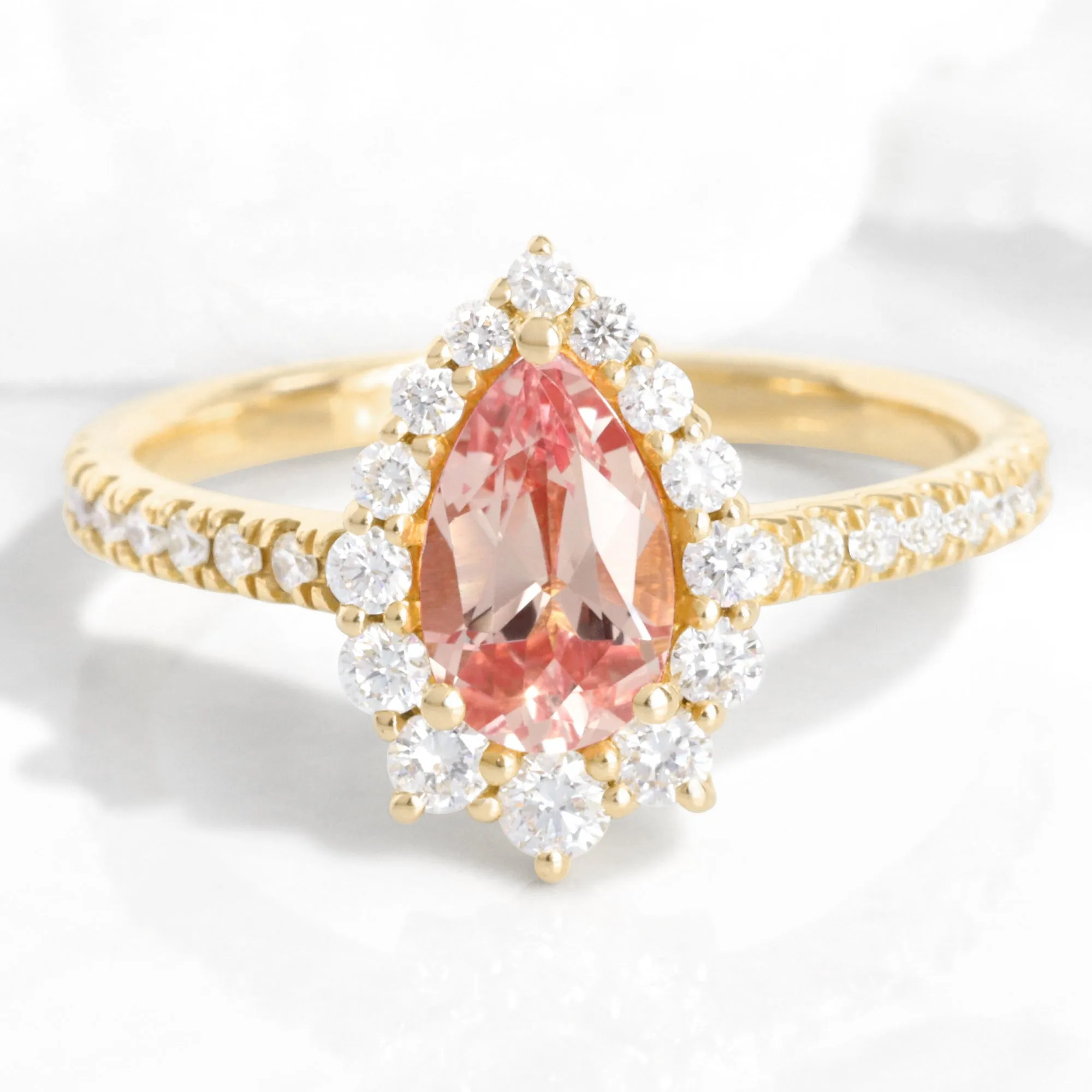 Pear Champagne Peach Sapphire Ring in Tiara Halo Diamond Pave Band