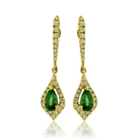Pear Emerald and Diamond Halo Dangle Earrings