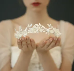 Porcelain Flower Wedding Crown Bridal Hair Tiara Silver Color Leaf Headpiece