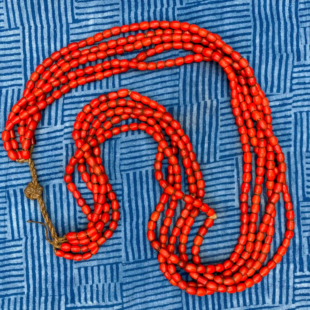 "Sherpa Coral" Antique Red Glass Multistrand 5 Strand Tamba / Necklace