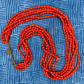 "Sherpa Coral" Antique Red Glass Multistrand 5 Strand Tamba / Necklace