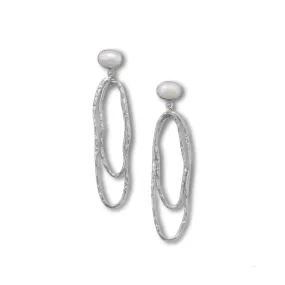 Rhodium Plated Cultured Freshwater Pearl and Textured Drop Earrings