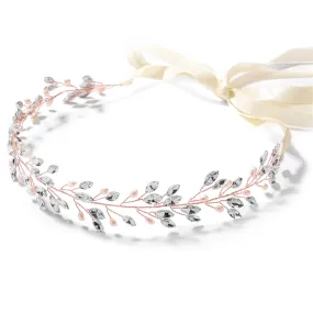 ROSE GOLD VINE CRYSTAL AND FRESHWATER PEARLS HEADBAND WITH IVORY RIBBON 4597HB-RG