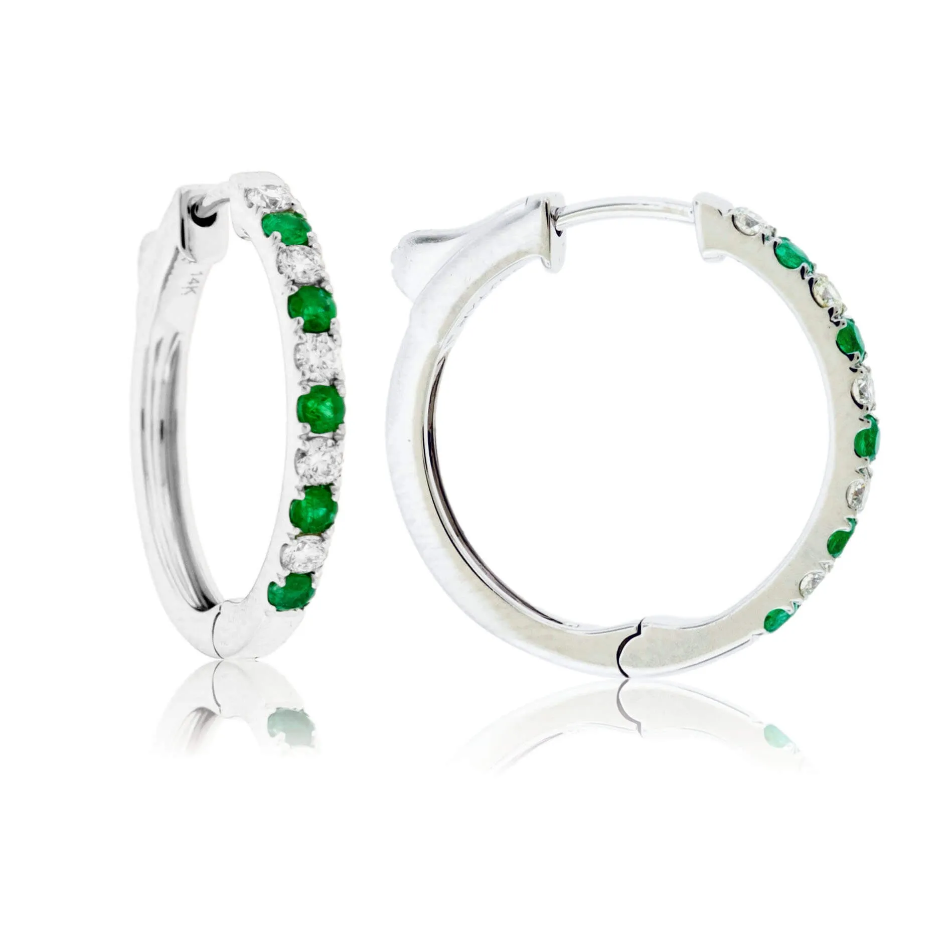 Round Prong Set Emerald & Diamond Hoop Earrings