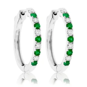 Round Prong Set Emerald & Diamond Hoop Earrings
