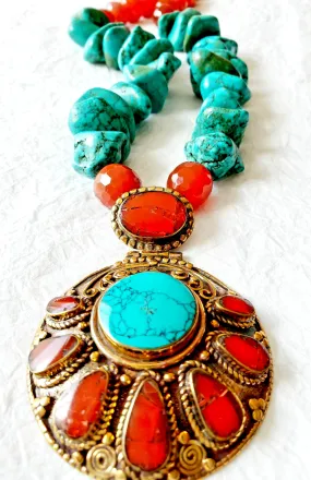 Rustic Turquoise Nuggets Carnelian Rondelle Stones Solid Brass Handmade Nepalese Carnelian and Turquoise Repousee Pendant, The Lanya