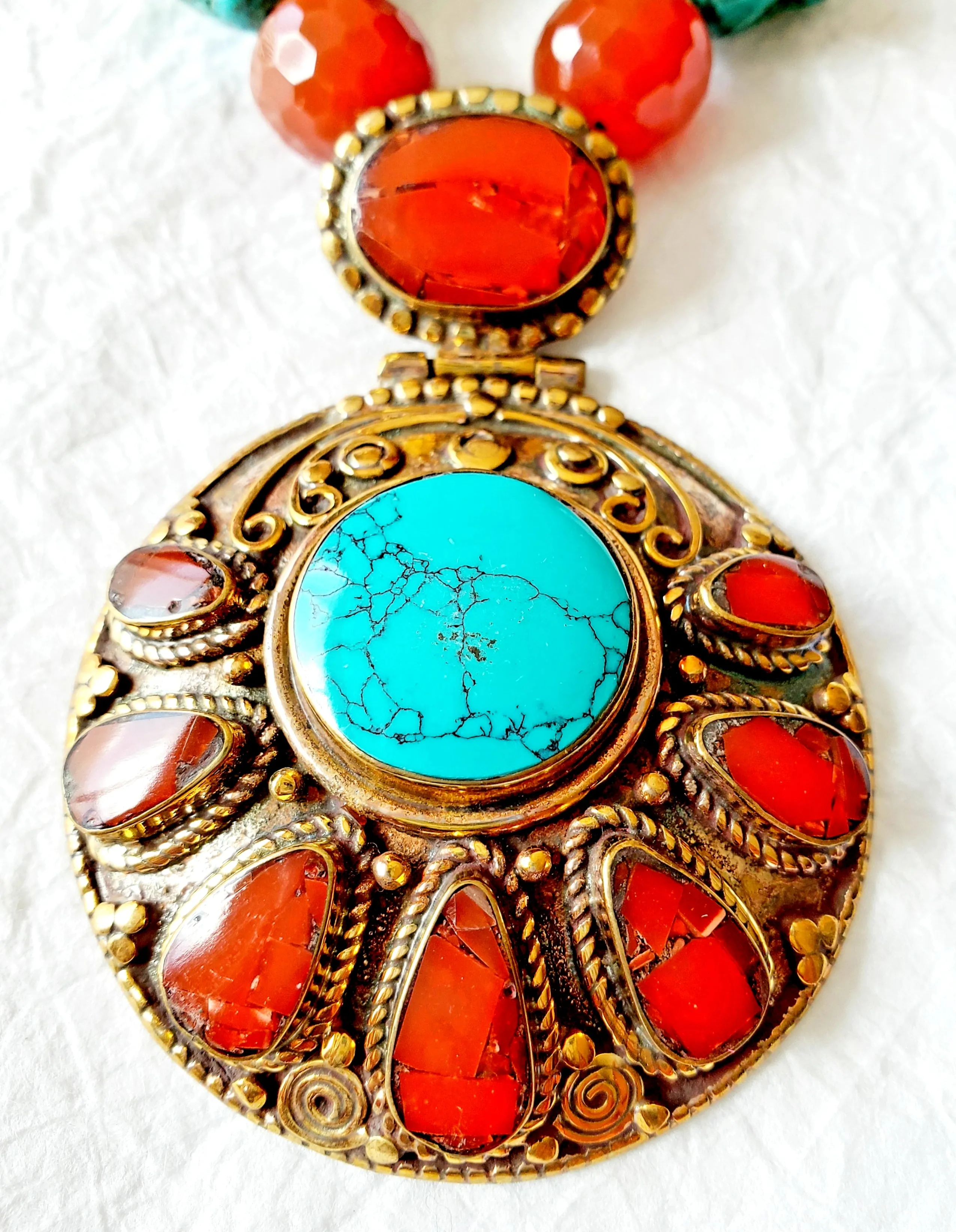 Rustic Turquoise Nuggets Carnelian Rondelle Stones Solid Brass Handmade Nepalese Carnelian and Turquoise Repousee Pendant, The Lanya