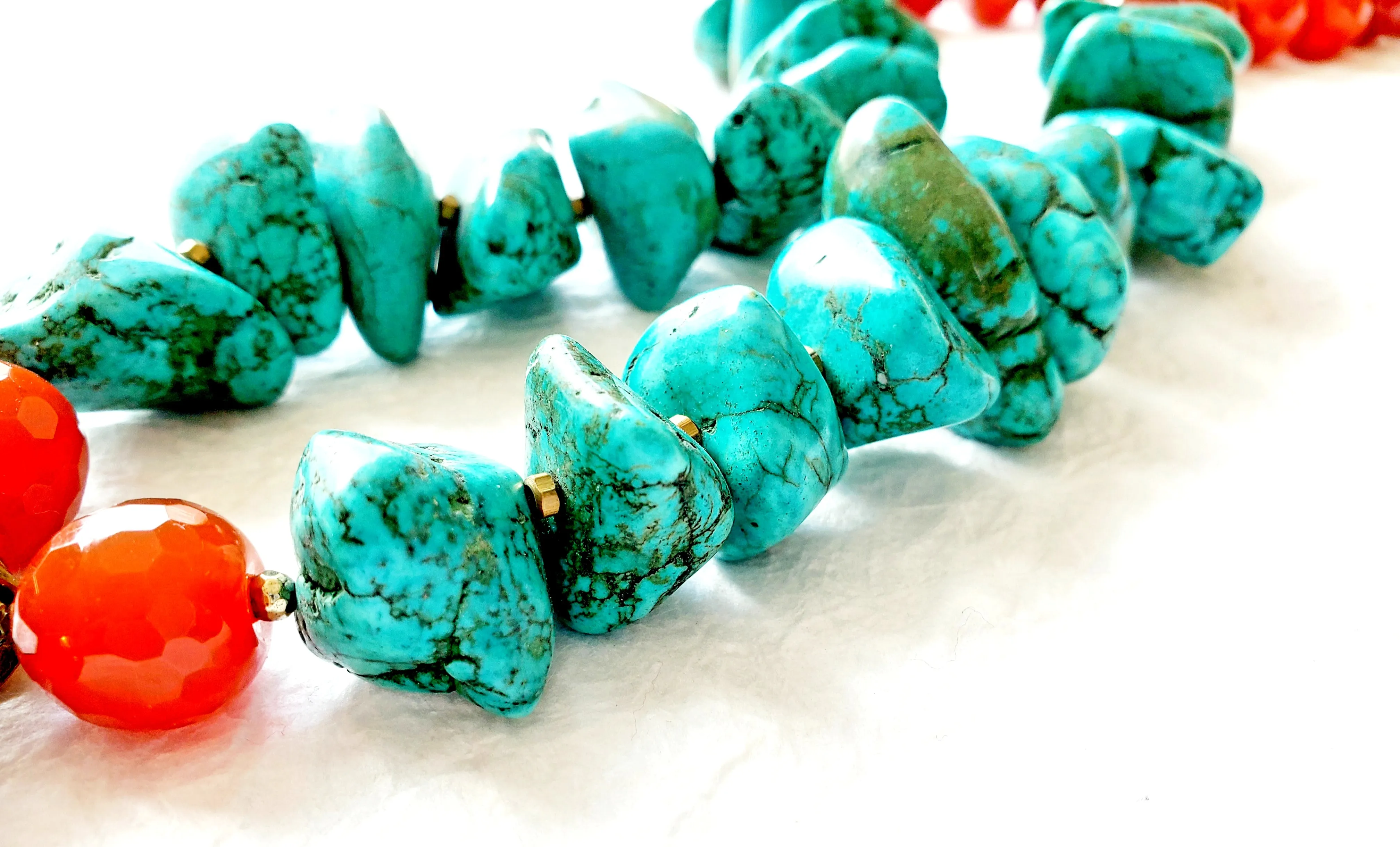 Rustic Turquoise Nuggets Carnelian Rondelle Stones Solid Brass Handmade Nepalese Carnelian and Turquoise Repousee Pendant, The Lanya