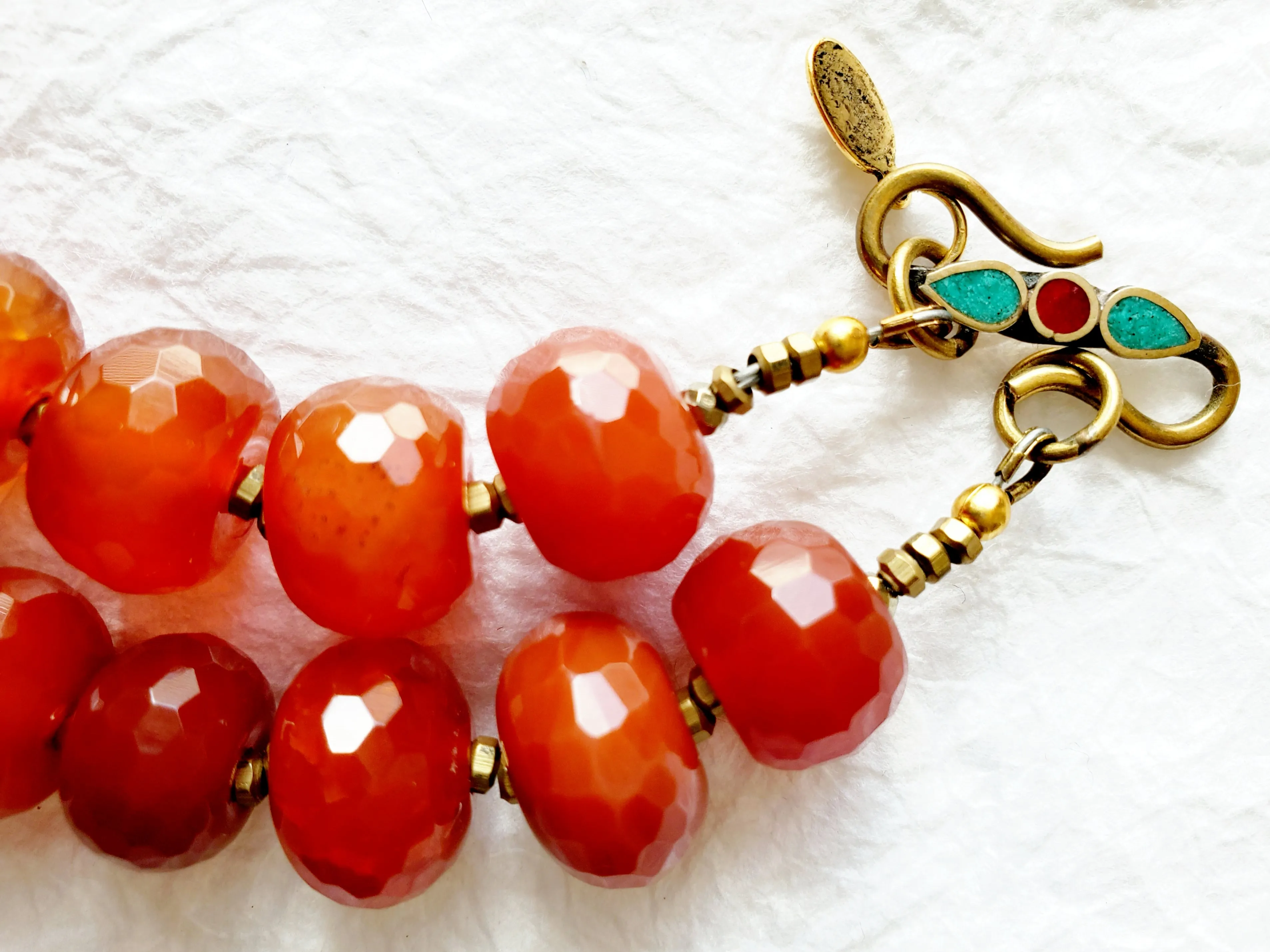Rustic Turquoise Nuggets Carnelian Rondelle Stones Solid Brass Handmade Nepalese Carnelian and Turquoise Repousee Pendant, The Lanya