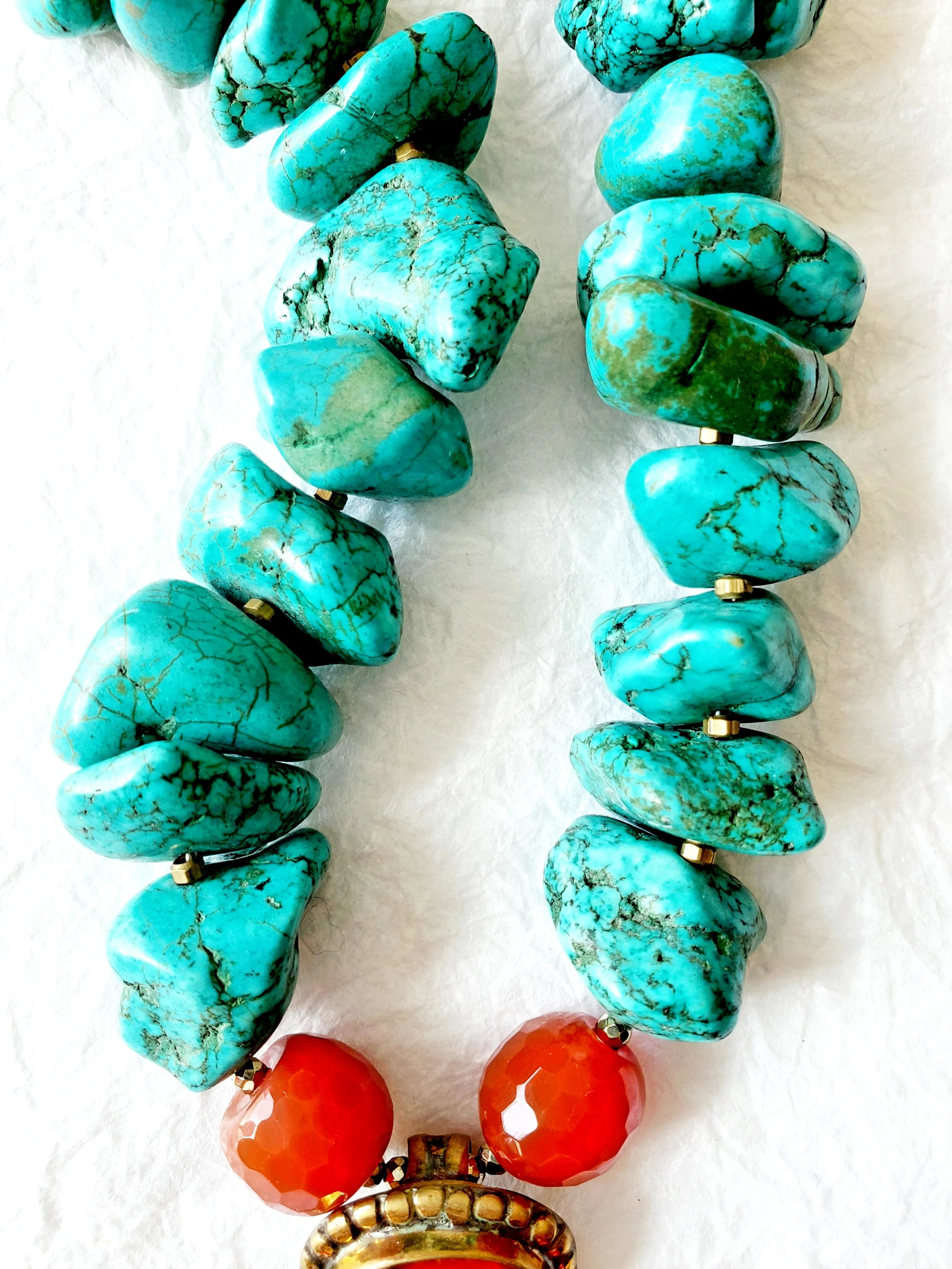 Rustic Turquoise Nuggets Carnelian Rondelle Stones Solid Brass Handmade Nepalese Carnelian and Turquoise Repousee Pendant, The Lanya