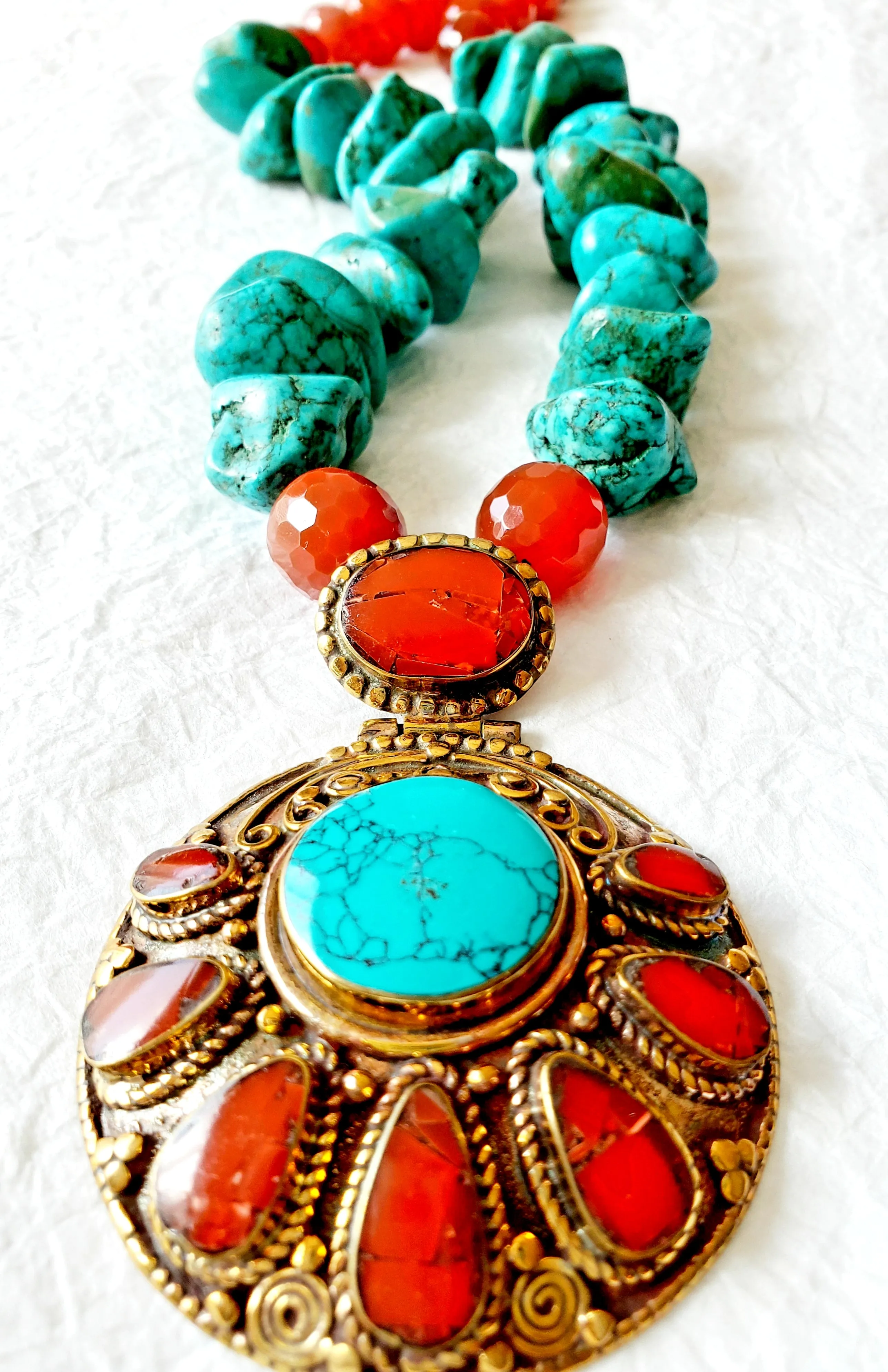 Rustic Turquoise Nuggets Carnelian Rondelle Stones Solid Brass Handmade Nepalese Carnelian and Turquoise Repousee Pendant, The Lanya