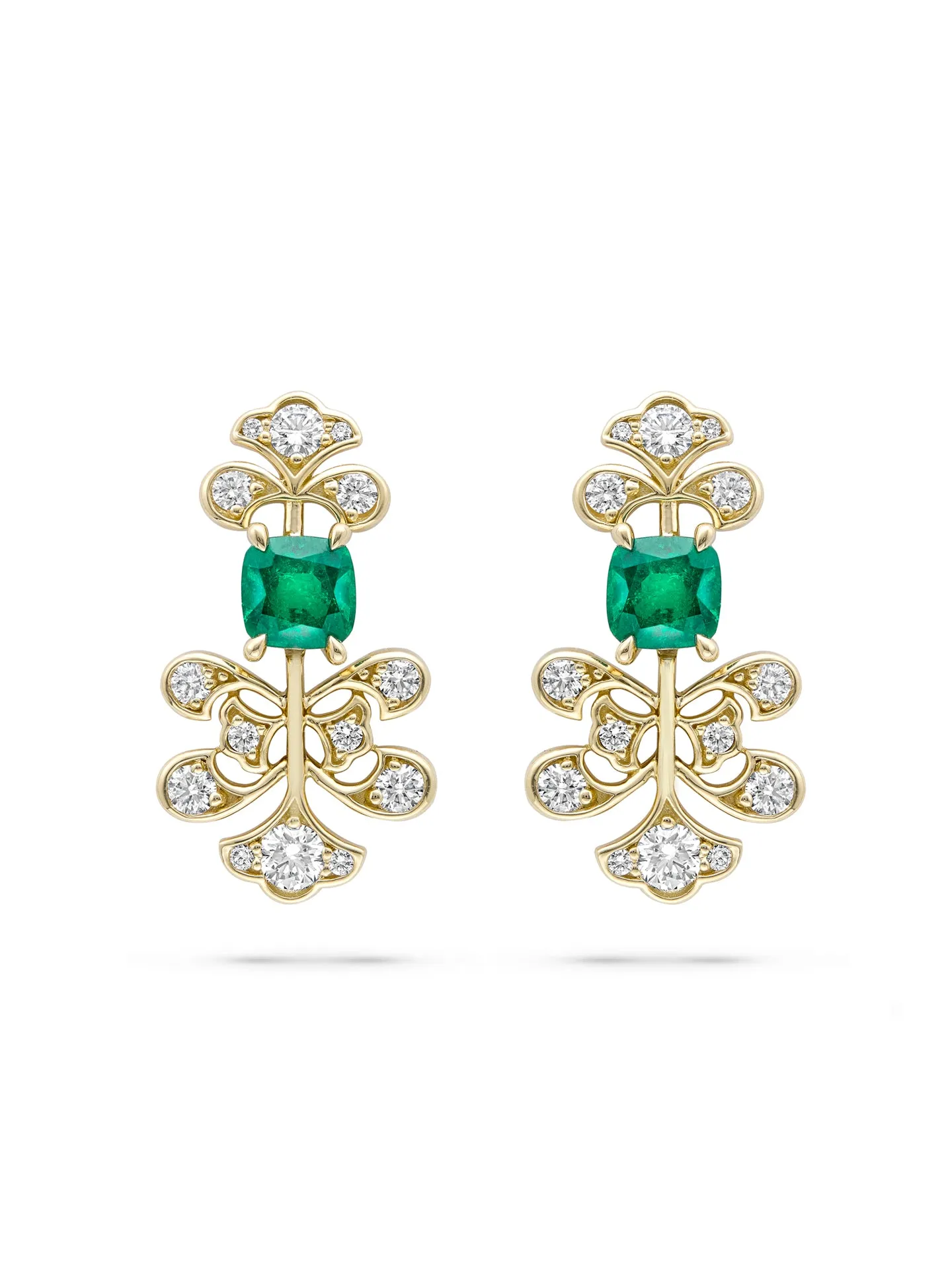 Secret Garden Fern Emerald Diamond Yellow Gold Earrings