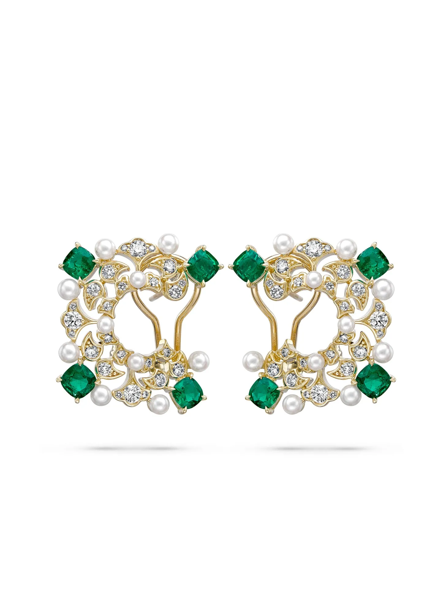 Secret Garden Fern Emerald Pearl Yellow Gold Earrings