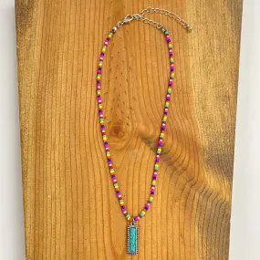 Seed Beaded Choker Necklace with Faux Turquoise Stone Bar Pendant in Multicolor
