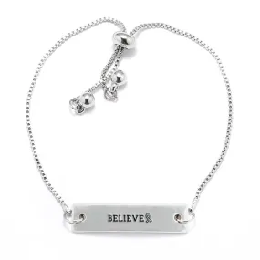 Silver Believe Ribbon Adjustable Bar Bracelet