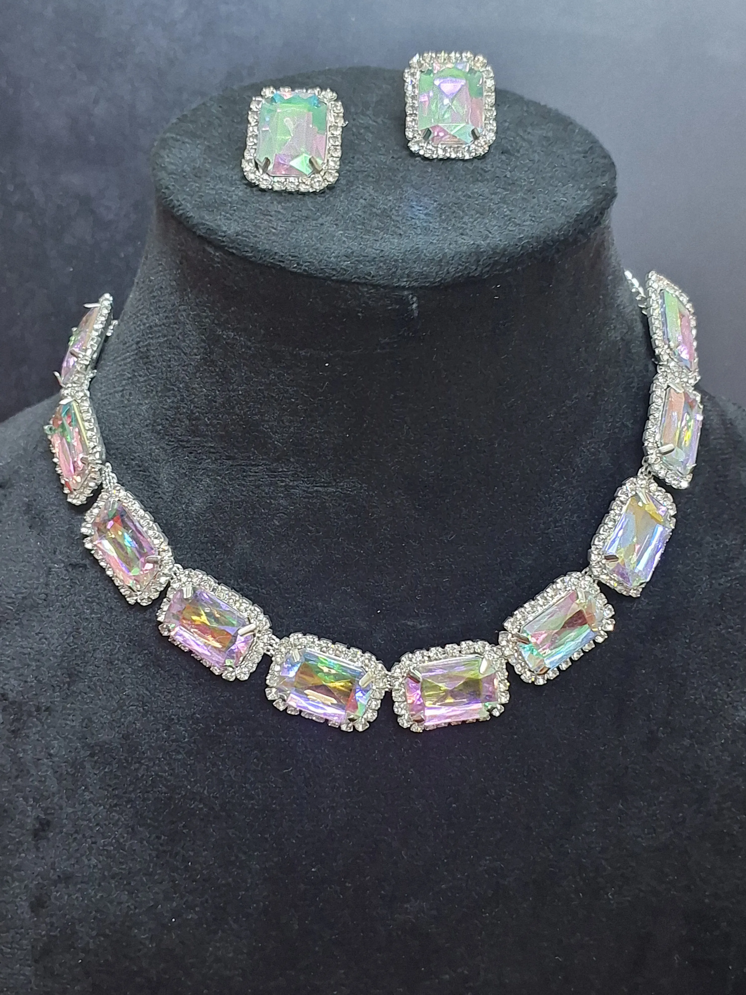 Silver Multi Colour Shine Kundan Necklace with Earring