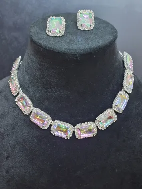 Silver Multi Colour Shine Kundan Necklace with Earring