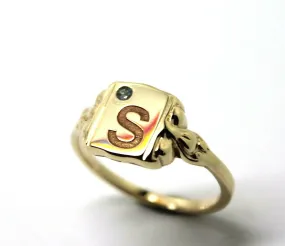 Size L, Genuine Solid 9ct 9kt Yellow, Rose or White Gold Signet Ring   Aquamarine   One Initial