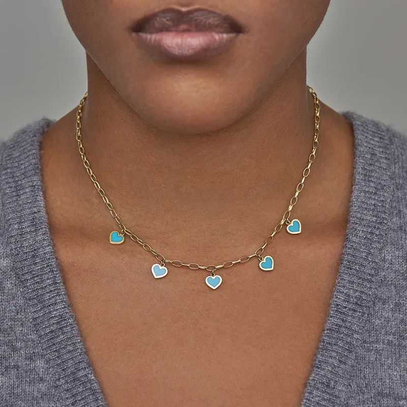 Small Edith Link Necklace with 5 Turquoise Inlay Heart Drops