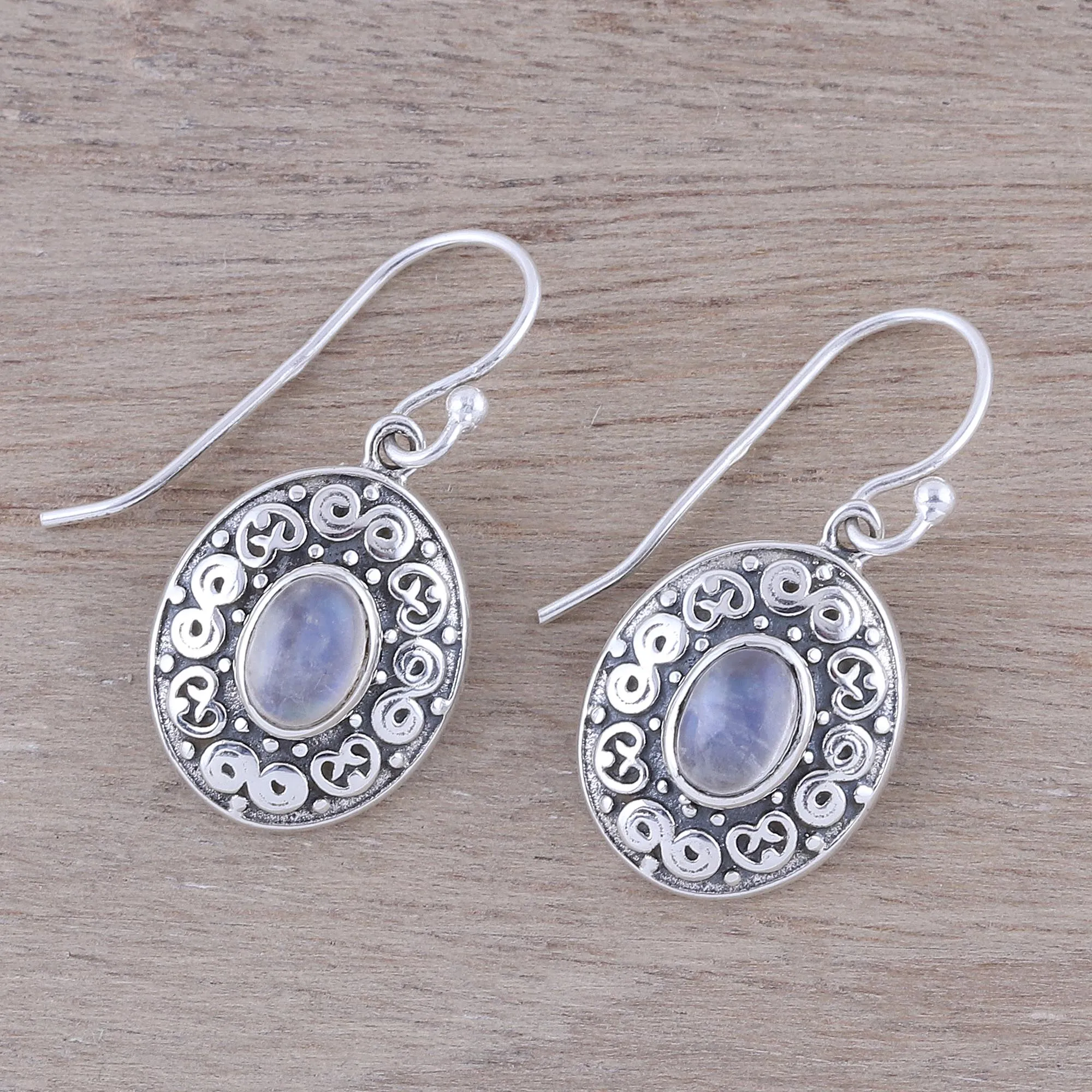 Swirling Ellipse Swirl Motif Rainbow Moonstone Dangle Earrings from India