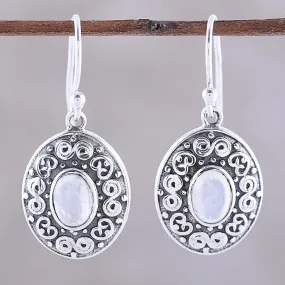Swirling Ellipse Swirl Motif Rainbow Moonstone Dangle Earrings from India