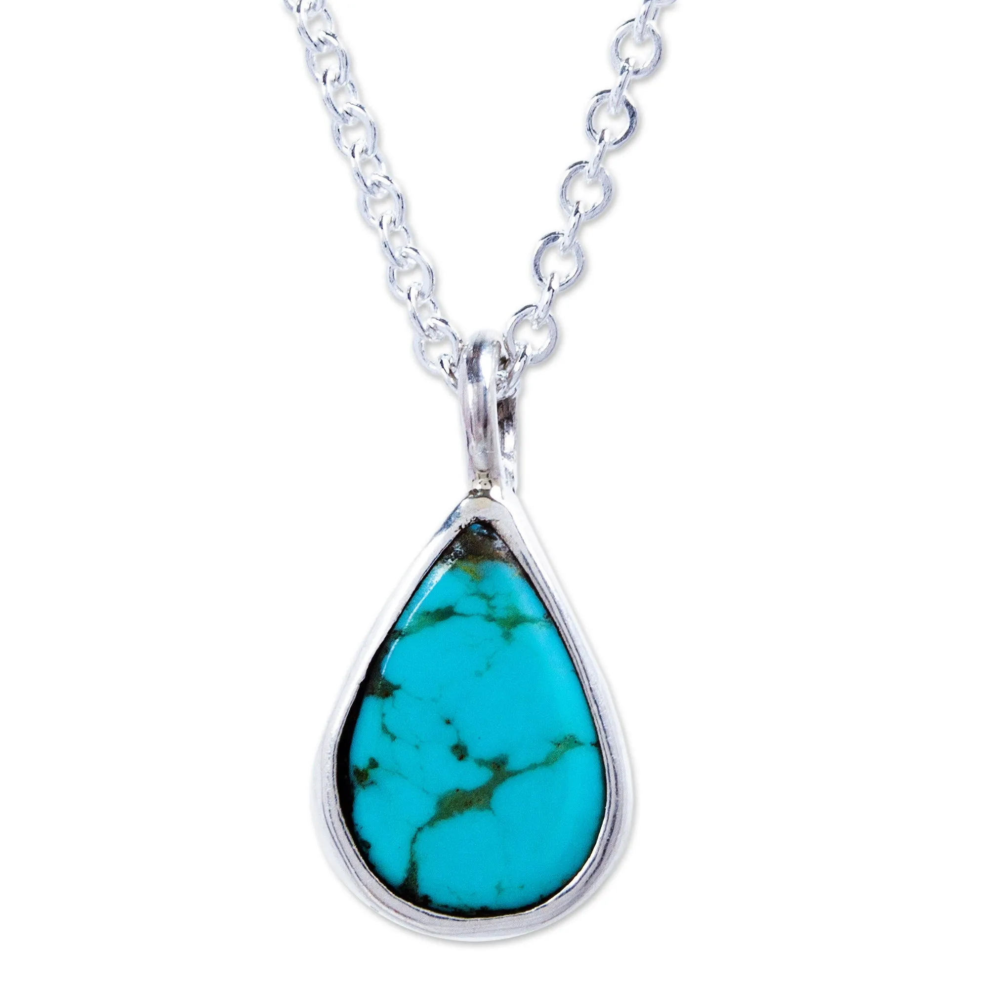 Taxco Sterling Silver Natural Turquoise Teardrop Necklace - Heaven's Tears | NOVICA