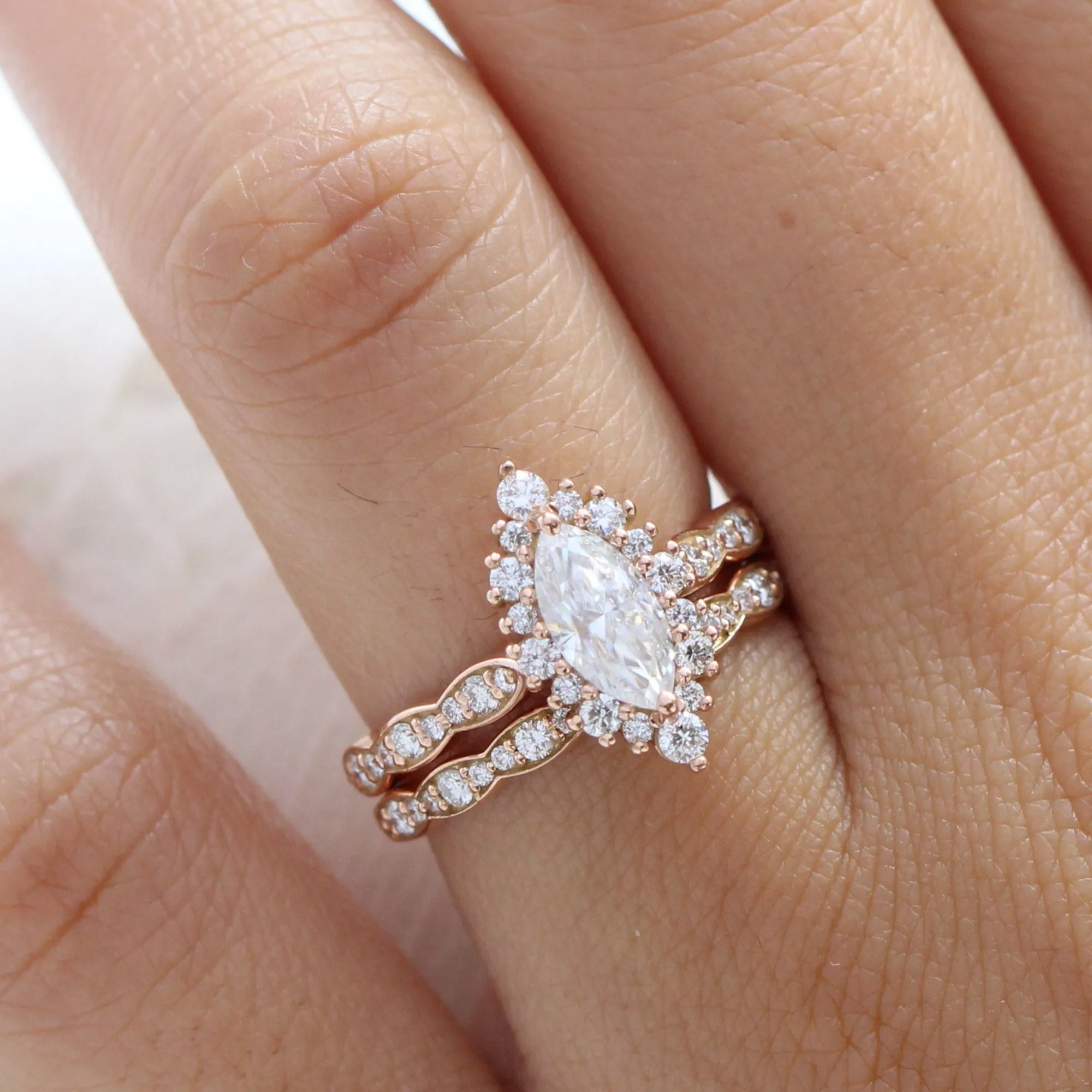 Tiara Halo Marquise Ring Bridal Set w/ Moissanite and Matching Diamond Band