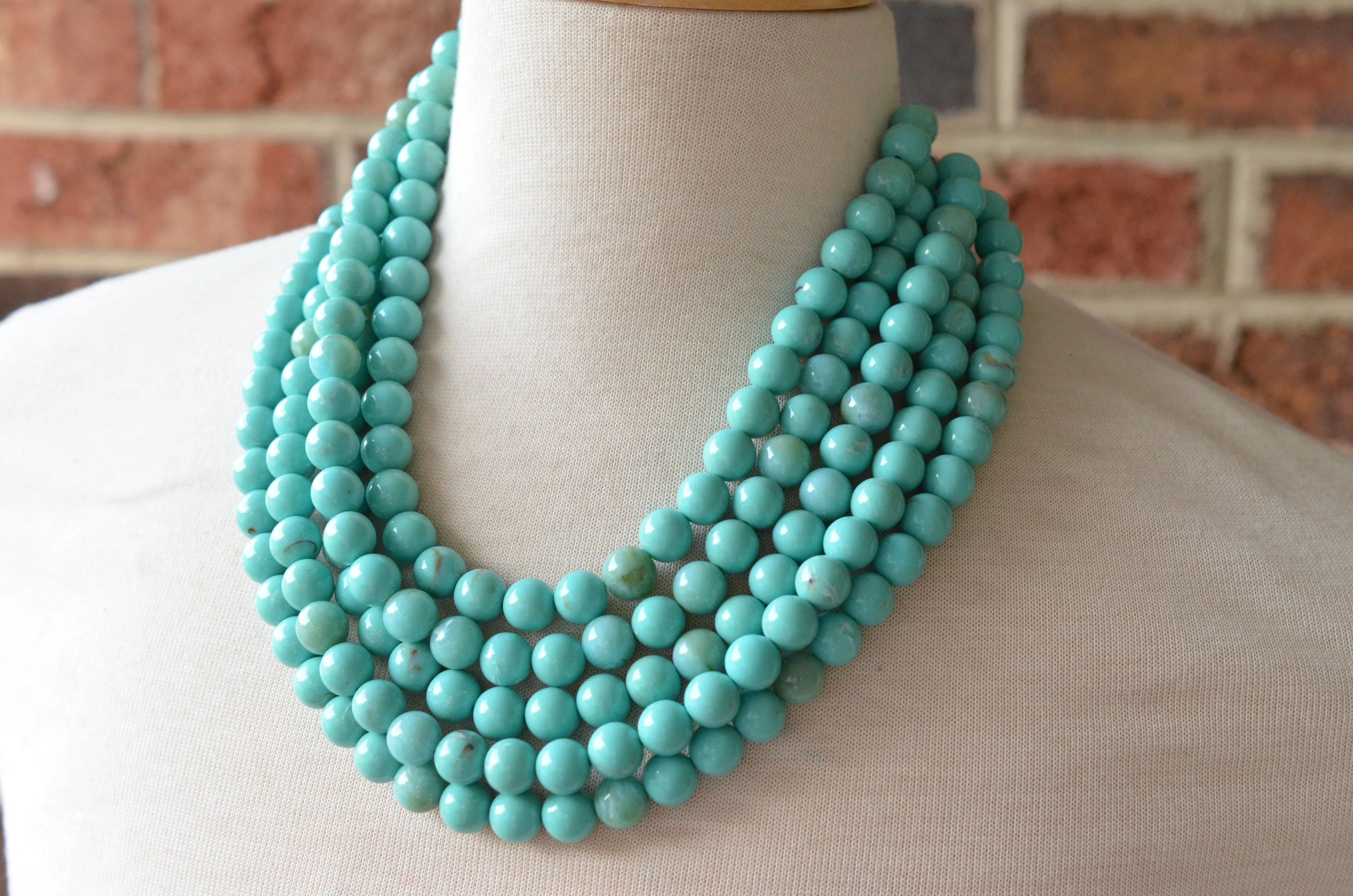 Turquoise Blue Beige Acrylic Bead Chunky Multi Strand Statement Necklace - Alana