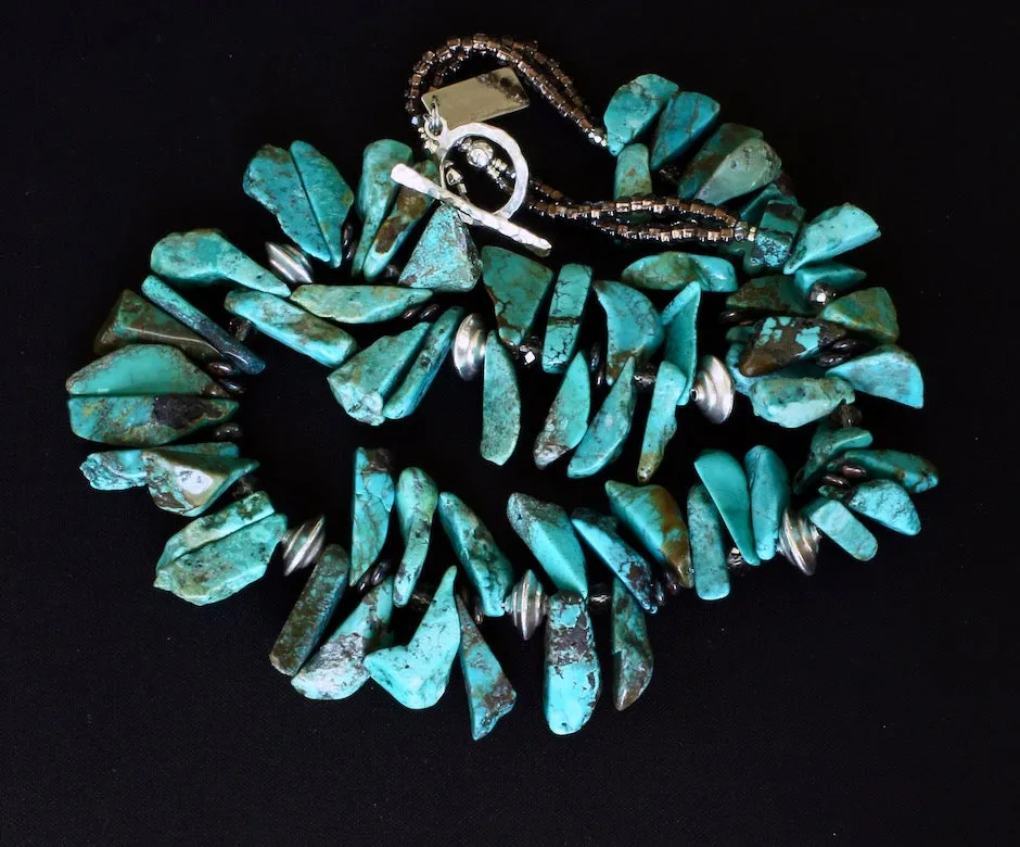 Turquoise Graduated Spike Necklace with Sterling Silver Tiered Bicones, Copper & Bronze Czech Glass Discs, Sparkling Bronze Glass Rondelle Beads and a Hammered Sterling Silver Toggle Clasp