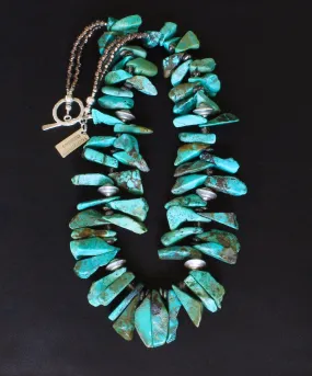 Turquoise Graduated Spike Necklace with Sterling Silver Tiered Bicones, Copper & Bronze Czech Glass Discs, Sparkling Bronze Glass Rondelle Beads and a Hammered Sterling Silver Toggle Clasp