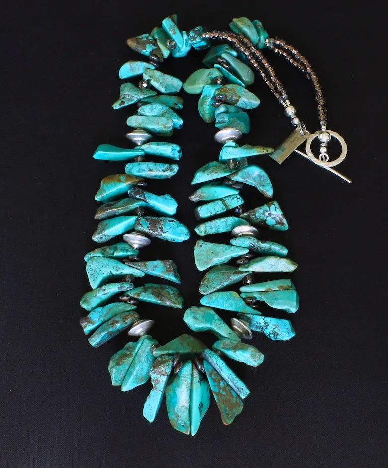 Turquoise Graduated Spike Necklace with Sterling Silver Tiered Bicones, Copper & Bronze Czech Glass Discs, Sparkling Bronze Glass Rondelle Beads and a Hammered Sterling Silver Toggle Clasp