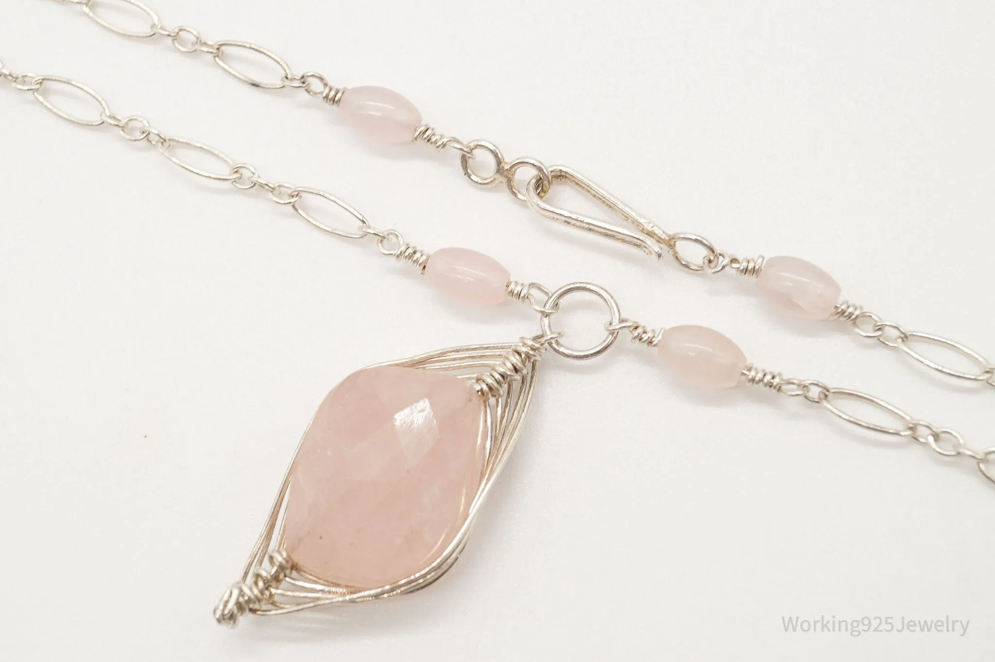 Vintage Large Rose Quartz Filigree Silver Necklace